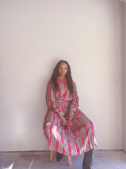 DAVID HAYES Striped Silk Skirt Set