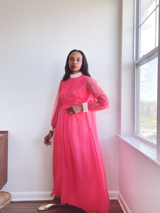 60s Pearl Beaded Evening Gown