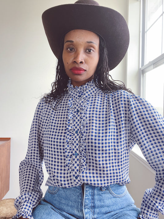 Vintage Ruffle Chiffon Blue Check Blouse
