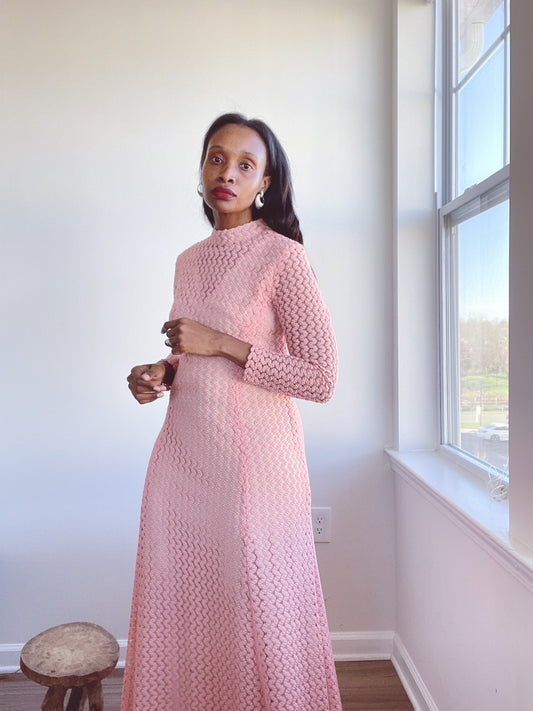 70s Pink Knit Maxi Dress