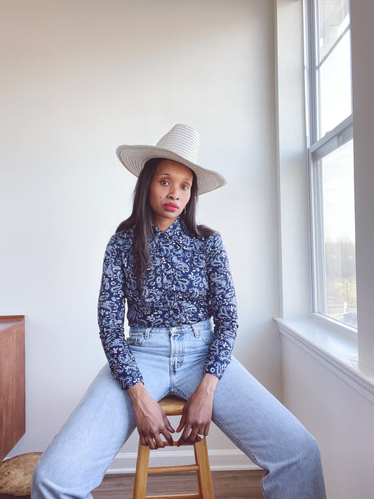 Vintage Blue 70s Print Blouse