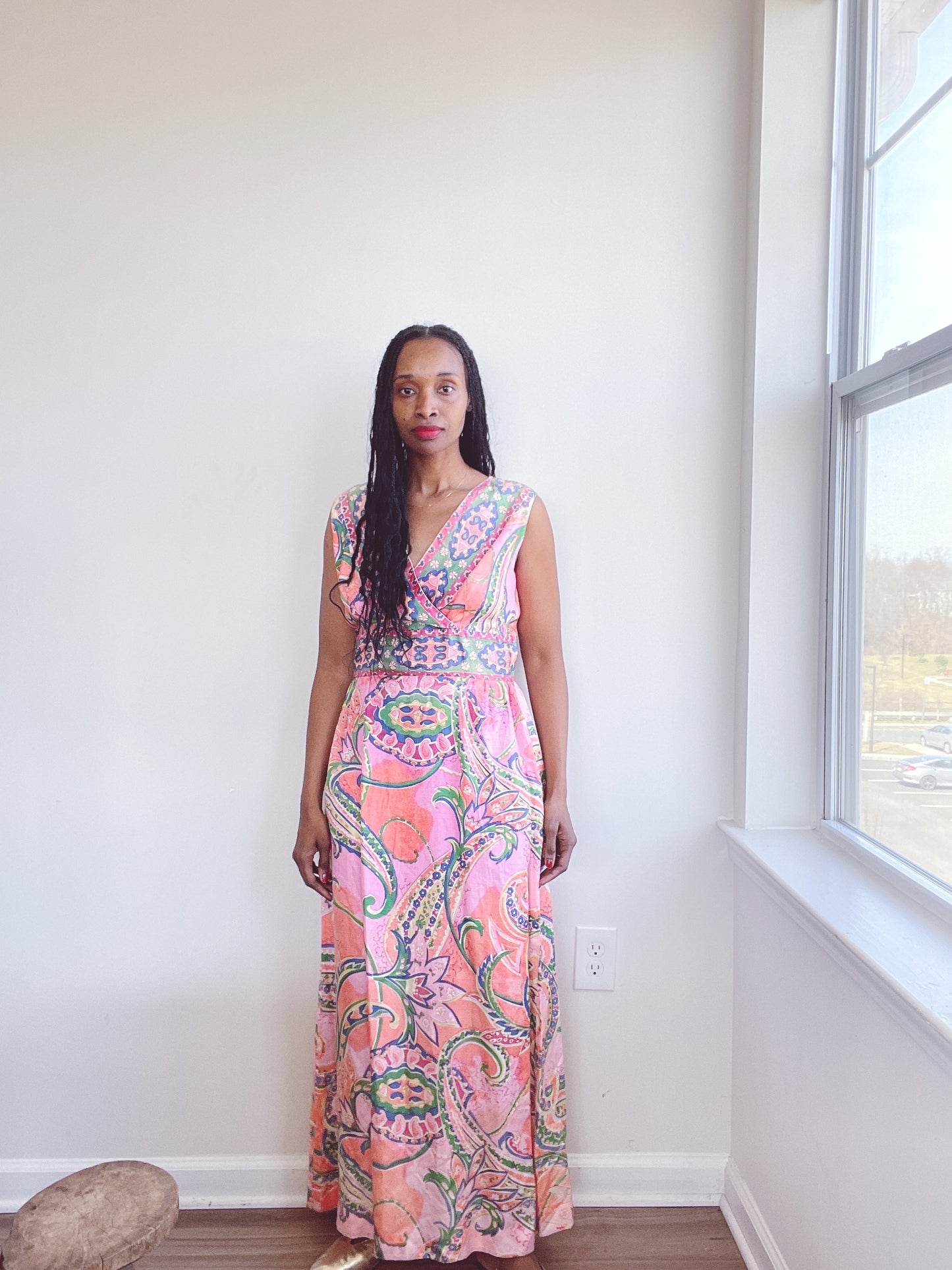 60s Whimsical Floral Print Maxi Psychedelic Dress