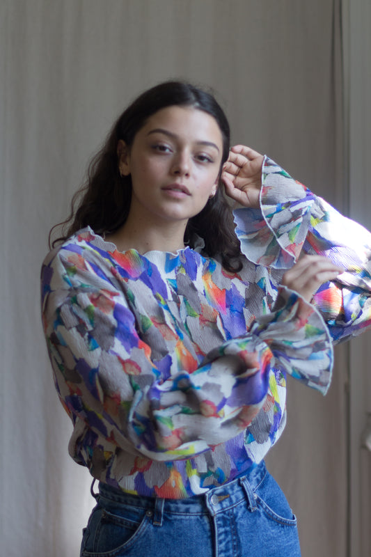 Micro Pleat Poet Sleeve Ruffle Blouse