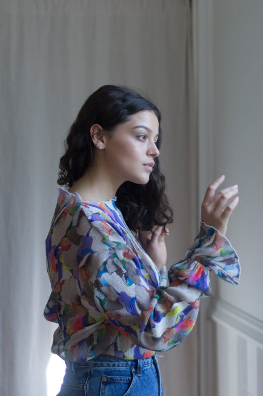Micro Pleat Poet Sleeve Ruffle Blouse